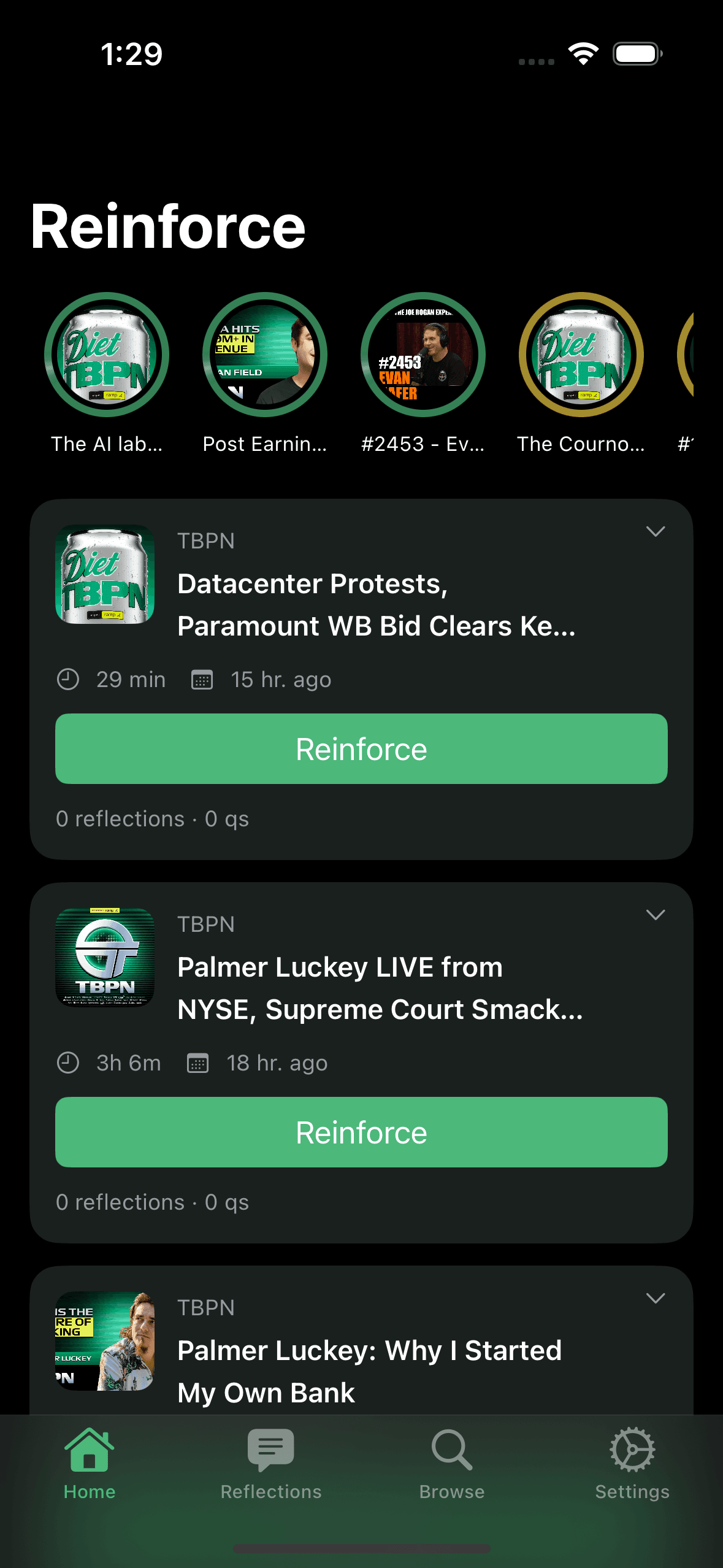 Protocol home screen showing podcast episodes